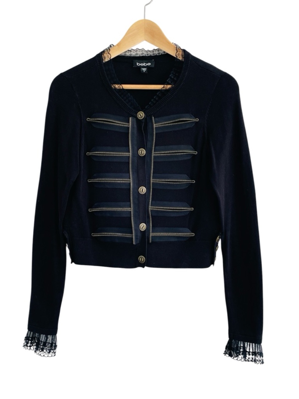 Bebe Cardigan Sweater Lace Zippers Black Size Small Moto Goth Grunge Military
